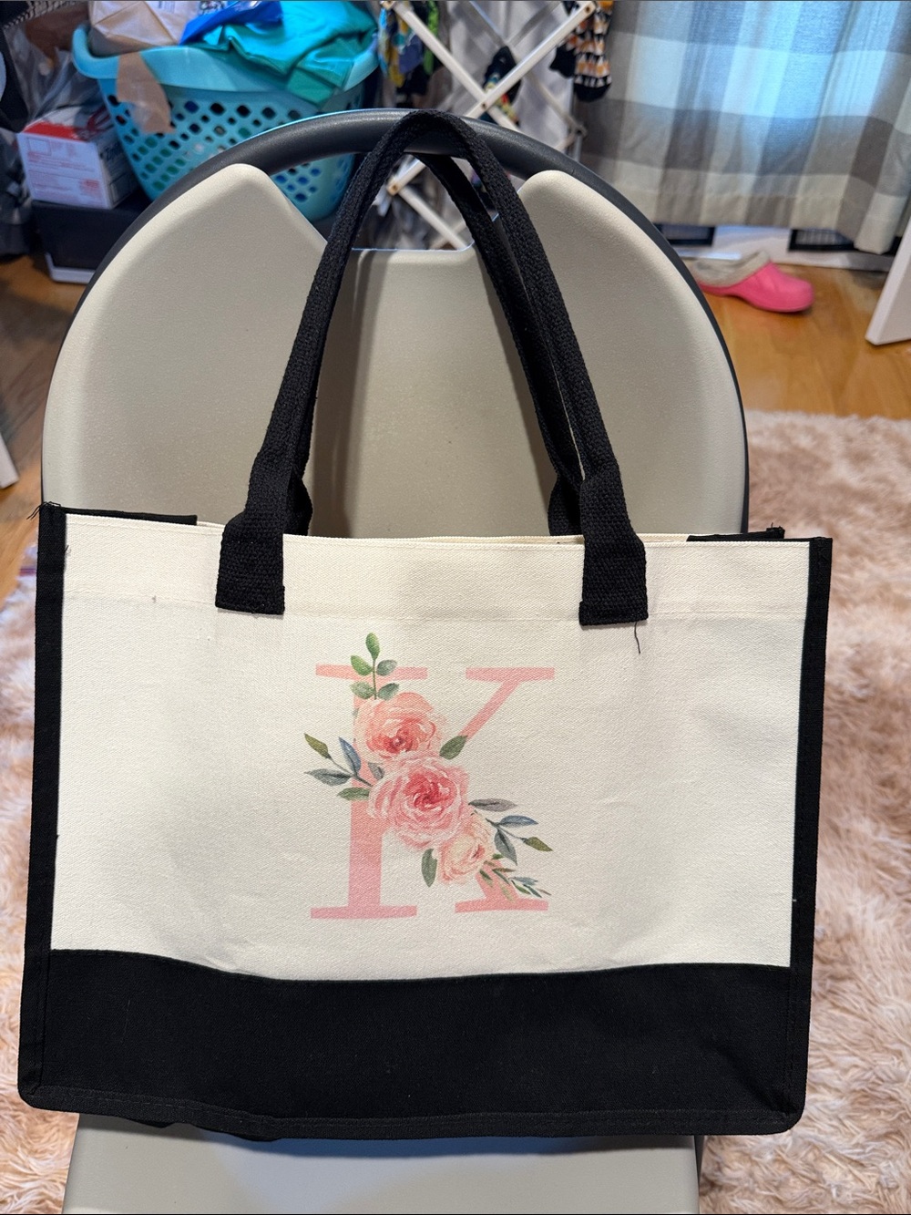 Floral Initial K Canvas Tote Bag - Black & Cream
